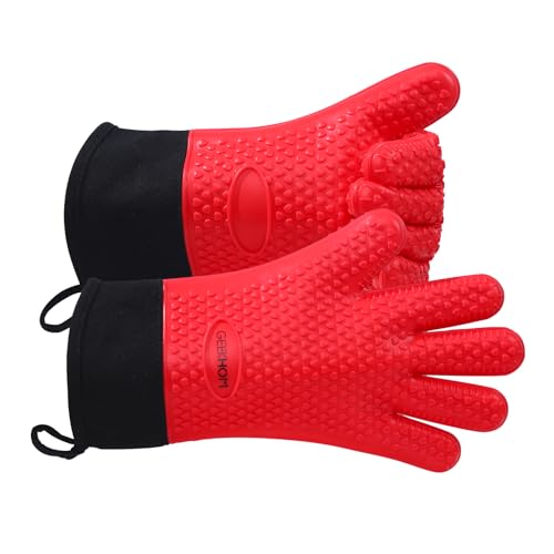 BBQ Gloves Heat Resistant Oven Mitts (Red / Large)