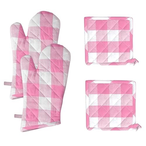 Buffalo Plaid Check Oven Mitts and Pot Holders Set of 4 (Buffalo, Rose Pink)