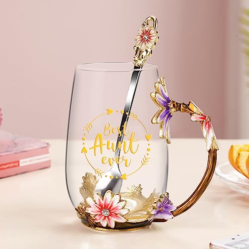 Gifts for Aunt from Niece Nephew Tea Cup Cool Birthday Gift Enamel Flower Glass Mugs Christmas Mothers Day New Aunt Announcement Promoted (Aunt)