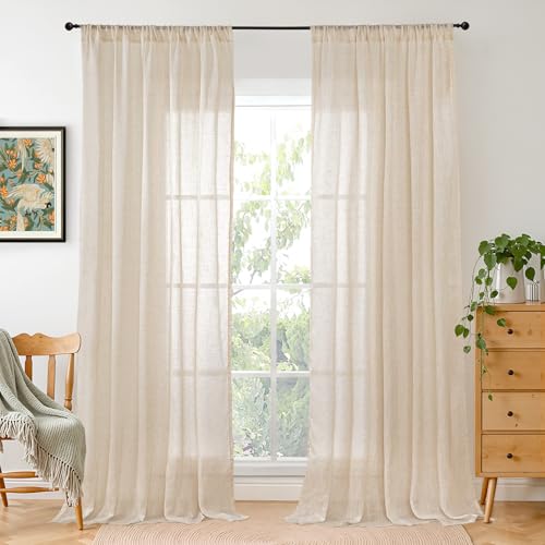 Linen Curtains 98 Inches Long for Living Room (Natural / 52"W x 98"L (Pack of 2))