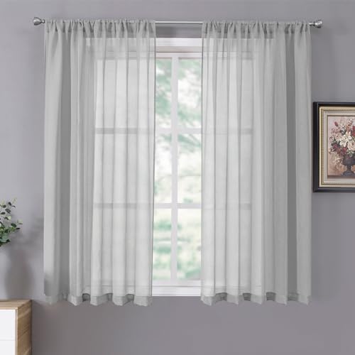 Short Sheer Curtains Living Room Linen Textured Curtain Sheers Light Filtering Voile Rod Pocket Curtains for Bedroom (38"W x 45"L (Pack of 2) / Silver Grey)