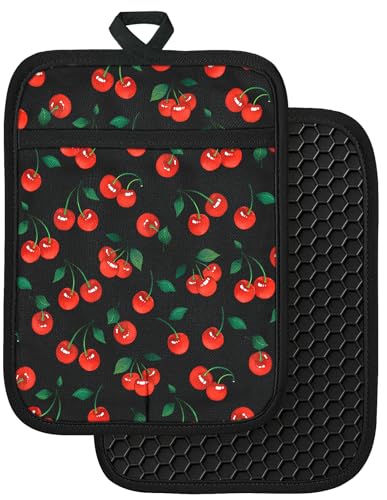 Silcone Cherry Pot Holders for Kitchen (Black Red)