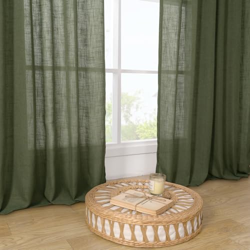 Linen Sheer Curtains 80 inch Long for Living Room 2 Panels (52"W x 80"L (Pack of 2) / Olive Green)