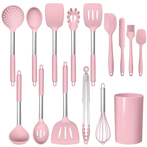 15 Piece Cooking Utensils Set with Stainless Steel Handle (Pink)