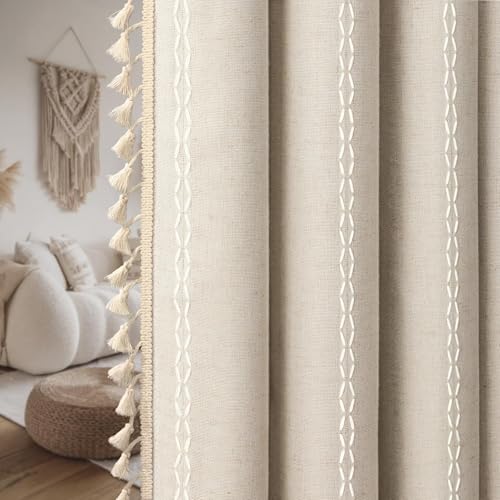 Boho 100% Blackout Curtains 90 Inch 2 Panels Linen Blend Beige (Beige / 52"W x 90"L (Pack of 2))