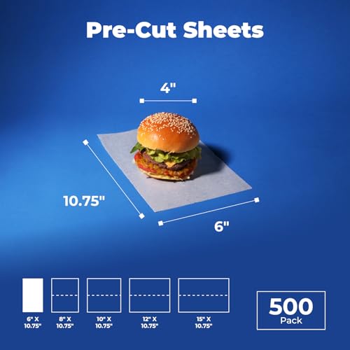 500 Pack] 6 x 10.75" Wax Paper Sheets for Food (6 x 10.75")