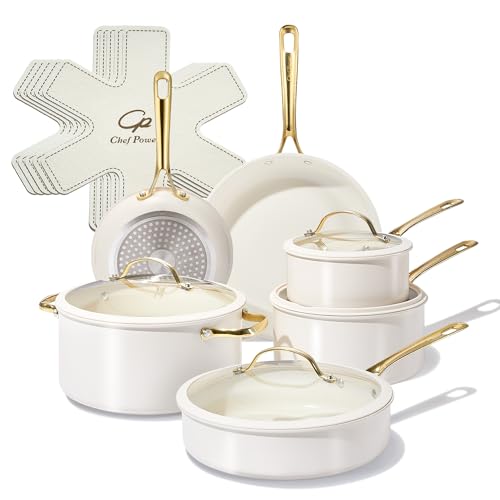 Ceramic Cookware Sets (Cream White / 15Pcs Set)