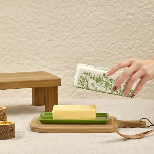 Green Garden Toile Ceramic Butter Dish with Lid (Green Garden Toile De Jouy / Large)