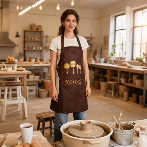 Women Kitchen Apron with Hand Wipe Pockets (Brown)