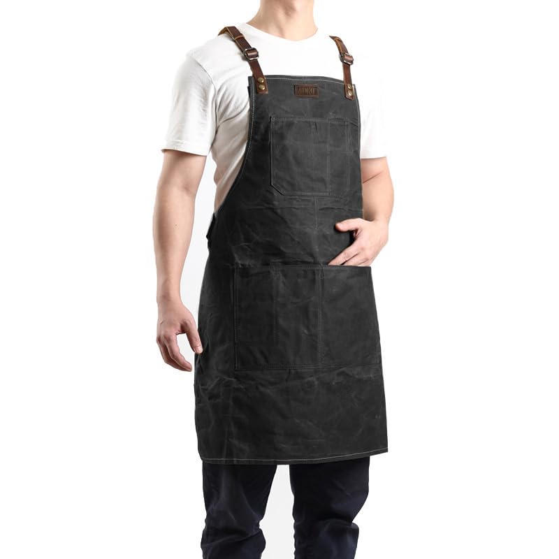 Chef & BBQ Apron for Men Waxed Canvas Workwear with Pockets (Black)
