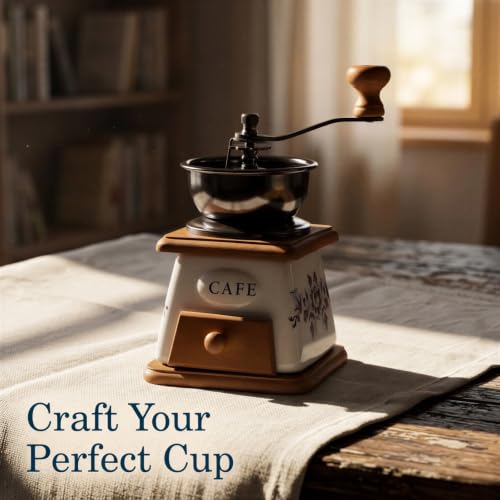 Manual Vintage Ceramic Burr Coffee Grinder with Wooden Base Drawer