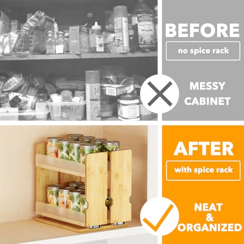 Bamboo Pull Out Spice Rack Organizer for Cabinet (7.3" Wide, 2 Drawers(3" Wide), 2-Tier / Natural)