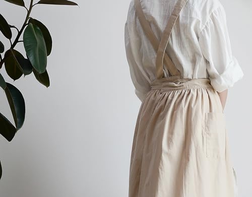 Japanese Cotton Linen Cross Back Work Apron for Women with Pockets Pinafore Dress Smock (01-beige)