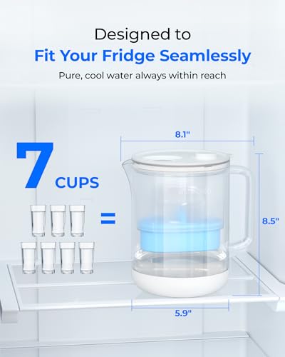 PT-72C-A Glass Alkaline Water Filter Pitcher, 7-Cup, Blue (Clear)