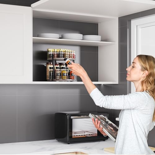 Lazy-Susan-Organizer-Spice-Rack, Rotating Spice Organizer For Cabinet Pantry, Seasoning Holder Spice Shelf With Adjustable Height, Kitchen Counter Shelf Countertop Organizer (Grey / 10"D x 10"W x 13.19"H)