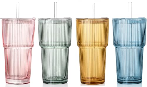 4PCS Colored Ribbed Glass Cups with Lids and Straws (Colored-4)