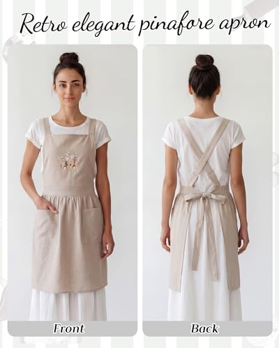 Pinafore Kitchen Women Apron Dress with Pockets Embroidery Chef Cotton Linen Apron for Women Kitchen Cooking Garden (Beige)