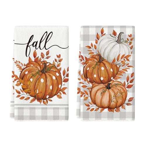 Orange Pumpkin Leaves Fall Kitchen Towels Set of 2 18x26 Inch (Orange/Beige)