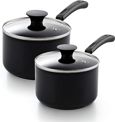 Basic 1 Quart and 2 Quart Nonstick Saucepan Set with Glass Lids (1 Quarts and 2 Quarts / Black)