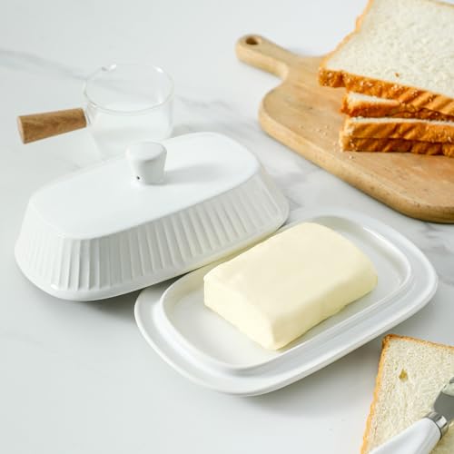Hansense Porcelain Butter Dish with Lid for Countertop (Pure White)