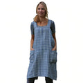 Women's Pinafore Square Apron Baking Cooking Gardening Works Cross Back Cotton (Large / Plaid-royalblue)