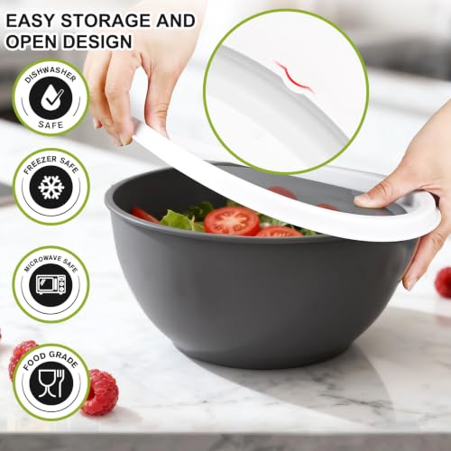 Plastic Mixing Bowls with Lids Set for Kitchen (Gray)