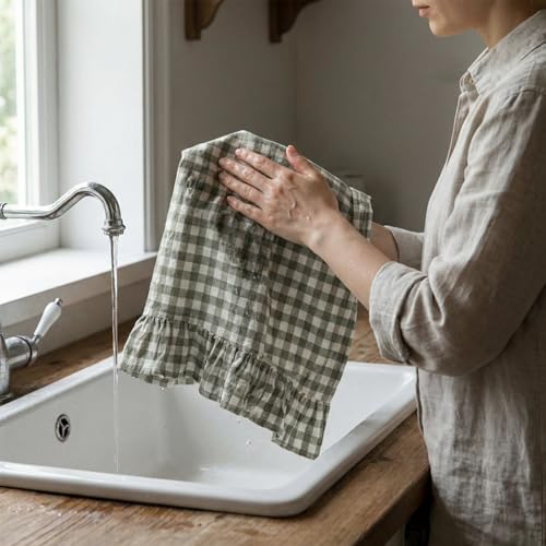 2 Pcs Sage Green Gingham Kitchen Towels Cotton Ruffled (Sage Green / Gingham)