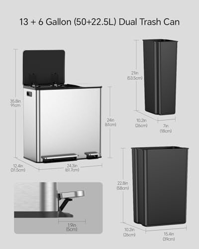 Dual Trash and Recycling Bins for Kitchen (Silver / 13+6 Gallon)
