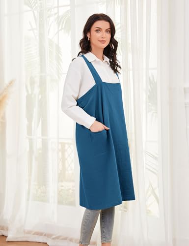 Women's Cotton Cross Back Pinafore with Big Pockets Practical Aprons for Gardening Works (3X-Large / Lake Blue)