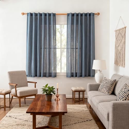 Short Semi Sheer Curtains for Bedroom 63 Inches Long Light Filtering Privacy Drapes for Small Window Linen Look Boho Home Decor Curtain for Parties (50"W x 63"L (Pack of 2) / Dusty Blue-new)