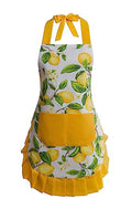Vintage Floral Apron for Women with Functional Pockets Adjustable Neck Strap for Cooking Baking Mother's Gift (Lemon)