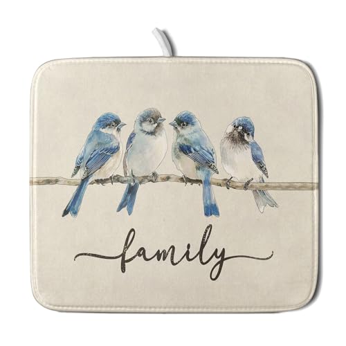 Home Blue Bird Family Dish Drying Mat for Kitchen Counter (16" x 18")