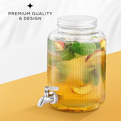 Fluted 1 Gallon Drink Dispenser. Glass Beverage Dispenser with Stainless steel Spigot plus Ice Cylinder and Fruit Infuser! Water Dispenser
