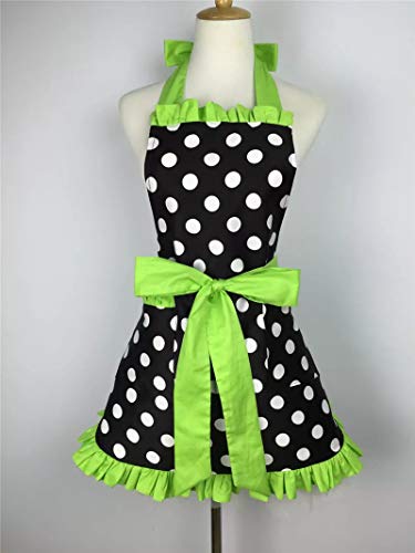 Cute Apron Retro Black Polka Dot Retro Ruffle Side Vintage Cooking Aprons with Pockets for Women Girls (Side Green)
