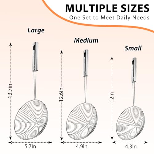 Spider Strainer Set of 3 Asian Strainer Ladle Stainless Steel Wire Skimmer Spoon with Handle for Kitchen Frying Food (4.3", 4.9", 5.7")