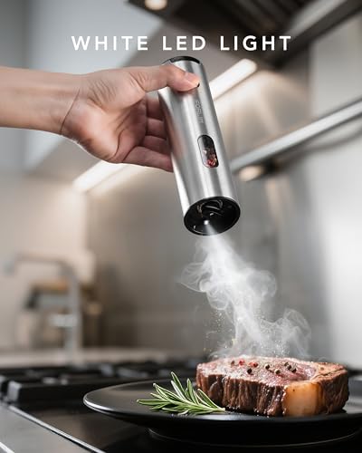 Electric Salt and Pepper Grinder Set Rechargeable (Slim / Bright Silver)