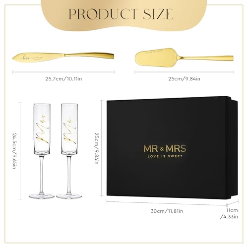 4Pcs Mr and Mrs Champagne Flutes with Gold Wedding Cake Knife (Love is Sweet（Gold Cake Knife） / Set of 4（Gift box）)