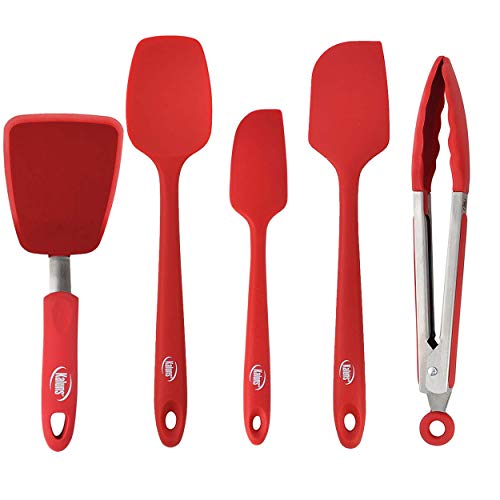 5 Piece set Includes 3 Silicone Spatulas 1 Turner and 1 9" Tong Kitchen Tools Best for Cooking (3 Spatula + Turners + Tongs Red)