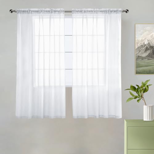 Solid Sheer Rod Pocket Curtain Voile Draperies 2 Panels White Beige Black Grey Coffee 38 Inch Width 54 Inch Long 1 Pair for Kitchen Bedroom Children Living Room Yard (White / 38"W x 54"L (Pack of 2))