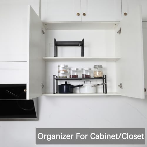 Expandable Cabinet Shelf Organizer Riser for Kitchen Pantry Cupboard Under Sink Countertop (8.2''D * 12.2-21.6''W * 7.7''H / Black)