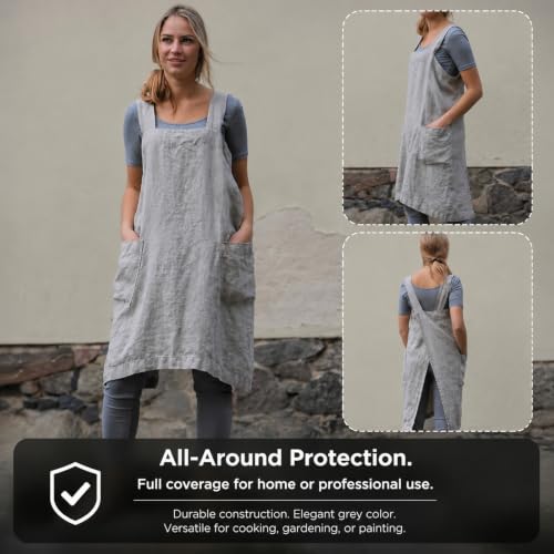 Cross Back Linen Cotton Apron with Pockets (X-Large / Grey)