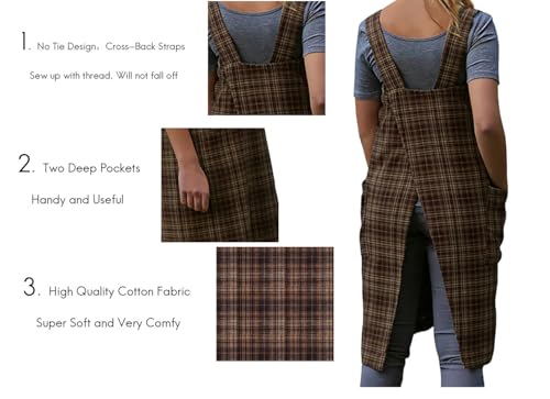 Women's Pinafore Square Apron Baking Cooking Gardening Works Cross Back Cotton (Small / Gingham-brown)