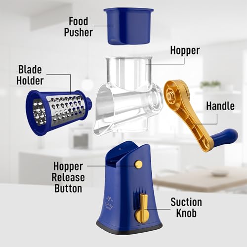 Rotary Cheese Grater Manual Hand Crank 5 Blade Shredder (5 Blades / Blue and Gold)