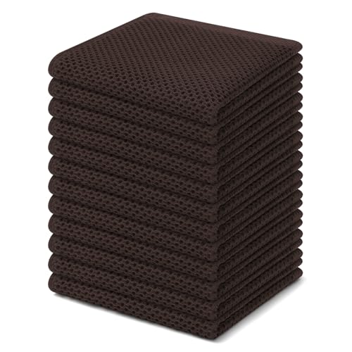 100% Cotton Waffle Weave Kitchen Dish Cloths 12 (Dark Brown / 12 X 12 - 12 Pack)