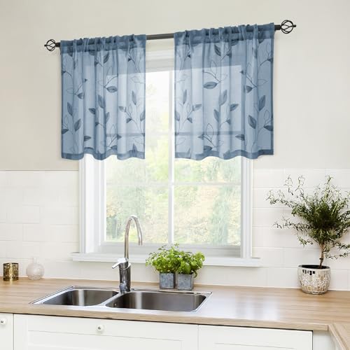 Stone Blue Kitchen Tier Curtains Leaf Embroidered (30"W x 24"L (Pack of 2) / Stone Blue)