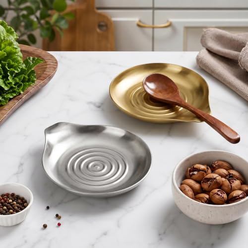 Kitchen Stainless Steel Spoon Rest for Multiple Utensils (1.Round Swirl-Silver)