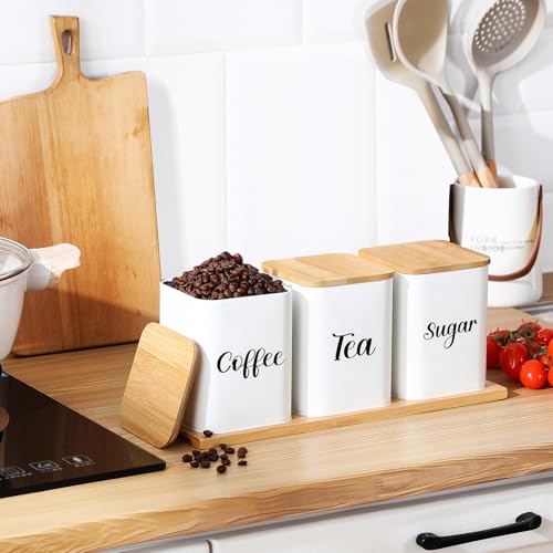 Coffee Tea Sugar Container with Tray Set of 3 Airtight Metal Canister with Bamboo Lid Tray for Kitchen Counter Dining Room Farm House Kitchen Style Drink Station Organizer Set (White)