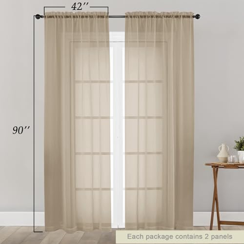 Sheer Taupe Curtains for Bedroom Living Room 90 Inches Long 2 Panels Set (Taupe / 42"W x 90"L (Pack of 2))