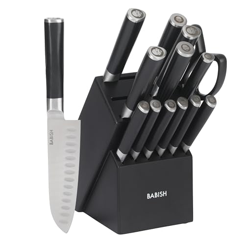 High Carbon 1.4116 German Steel 15 Piece Full Tang Forged Cutlery Kitchen Knife Block Set (Stainless Blade/Black ABS Handle / 15-Piece Set w/ Wood Block)