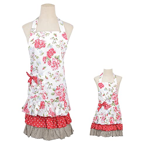 Kitchen Aprons with Pockets for 2 Pockets for Mama and Me (Red-mama and Me Set)